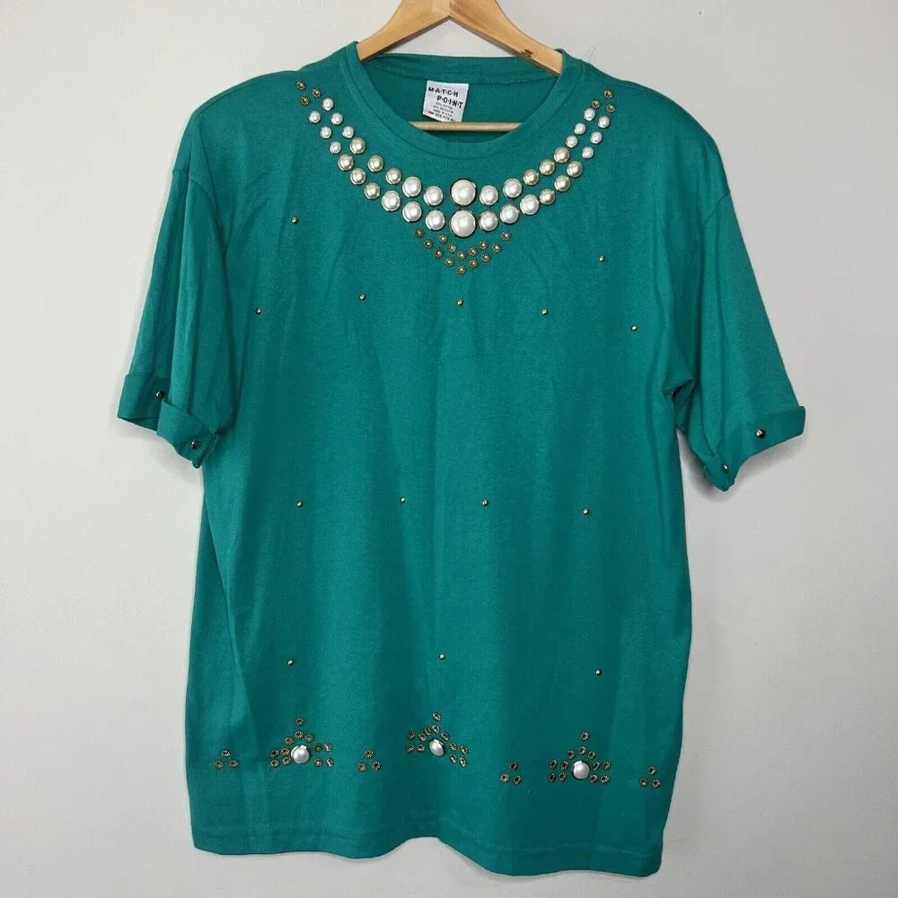 Match Point Bejeweled Top 80s Oversized Shirt Vintage One Size Pearl Gold